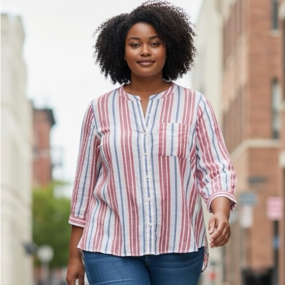 LOFT Striped Button-Front Shirt - Red, Blue, White, size large